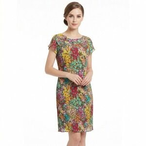 Madison Leigh Women's 12 Colorful Floral Pleated Lined Short Sleeve Midi Dress